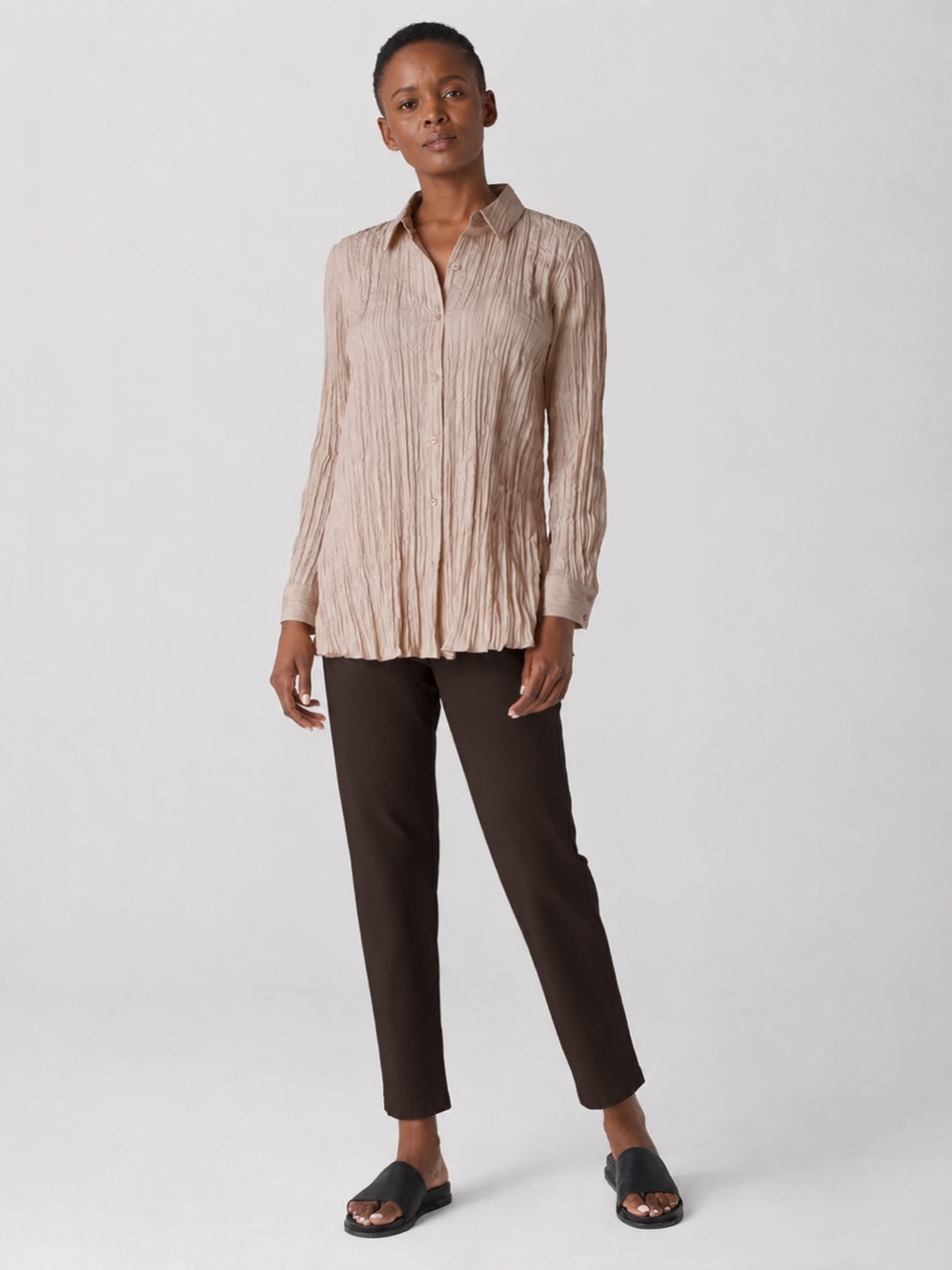 Eileen Fisher Pull On Stretch Crepe Brown Pants Elastic Waist Large 830